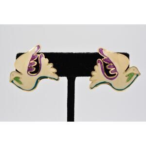 Two Hands Vintage Earrings Dove Birds White Enamel Christmas Signed 1980s BinAO